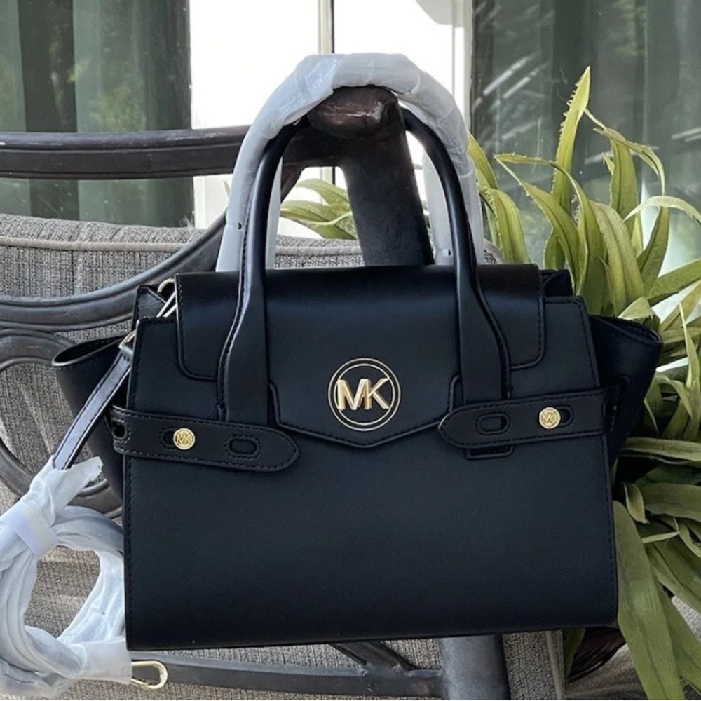 NWT MICHAEL KORS CARMEN MEDIUM FLAP SATCHEL SHOULDER BAG MK BLACK VEGAN LEATHER